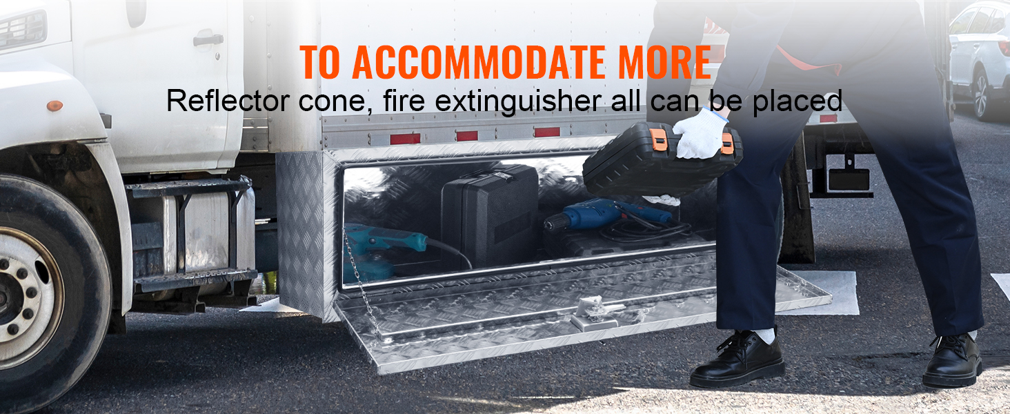 VEVOR truck tool box used for storing tools like drills and carrying emergency equipment on a truck.