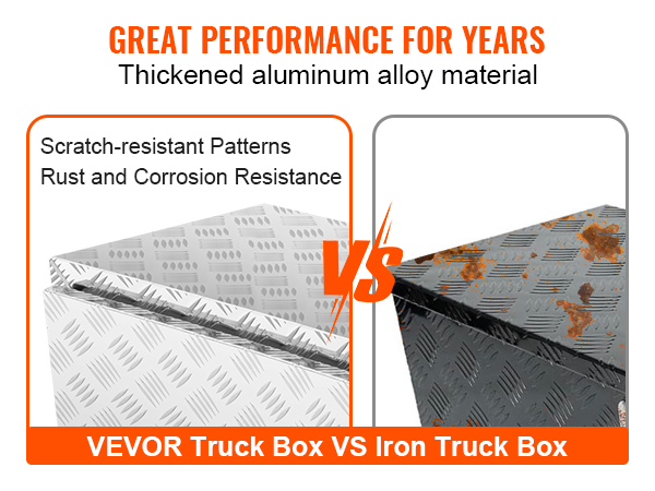 VEVOR truck tool box vs rusted iron truck box showcasing scratch-resistant patterns and corrosion resistance.