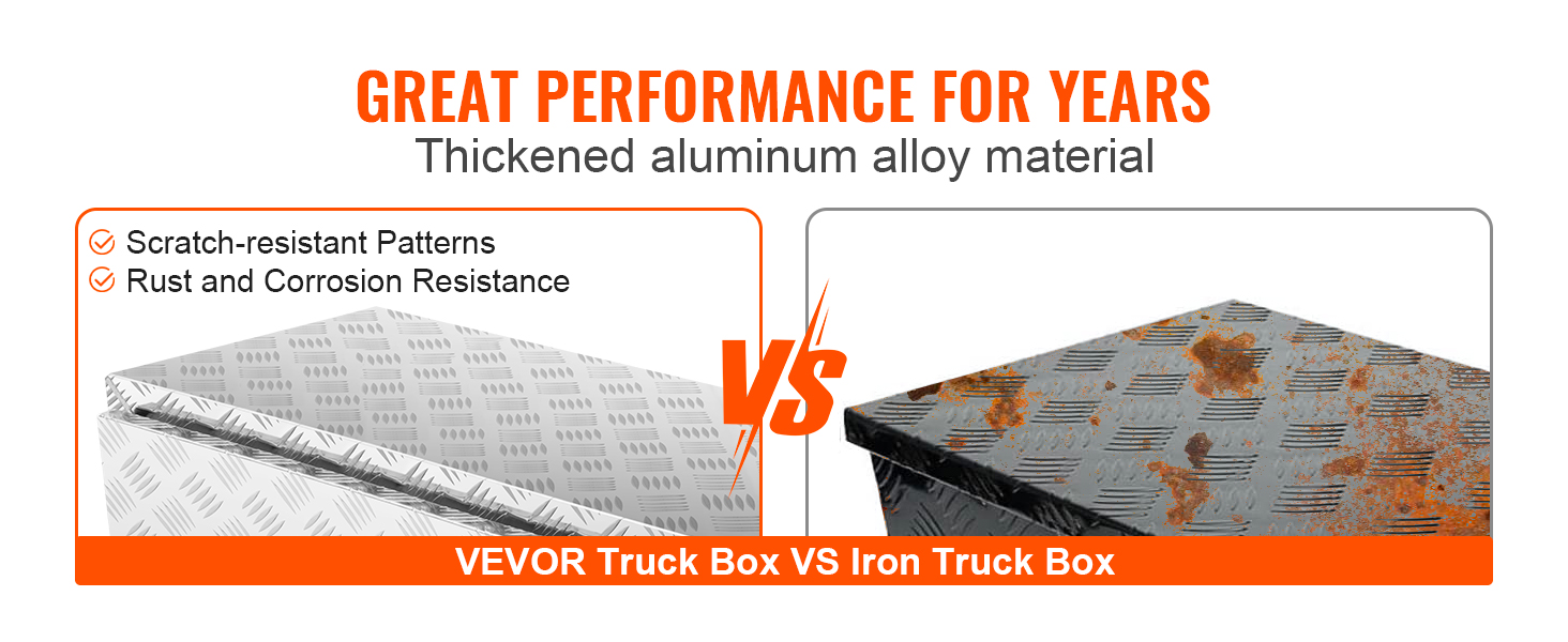 VEVOR truck tool box vs rusted iron truck box showcasing scratch-resistant patterns and corrosion resistance.