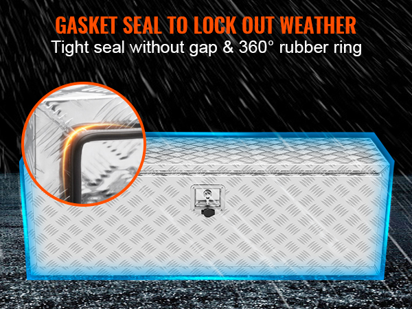 VEVOR truck tool box with gasket seal, tight gap, and 360° rubber ring to lock out weather.