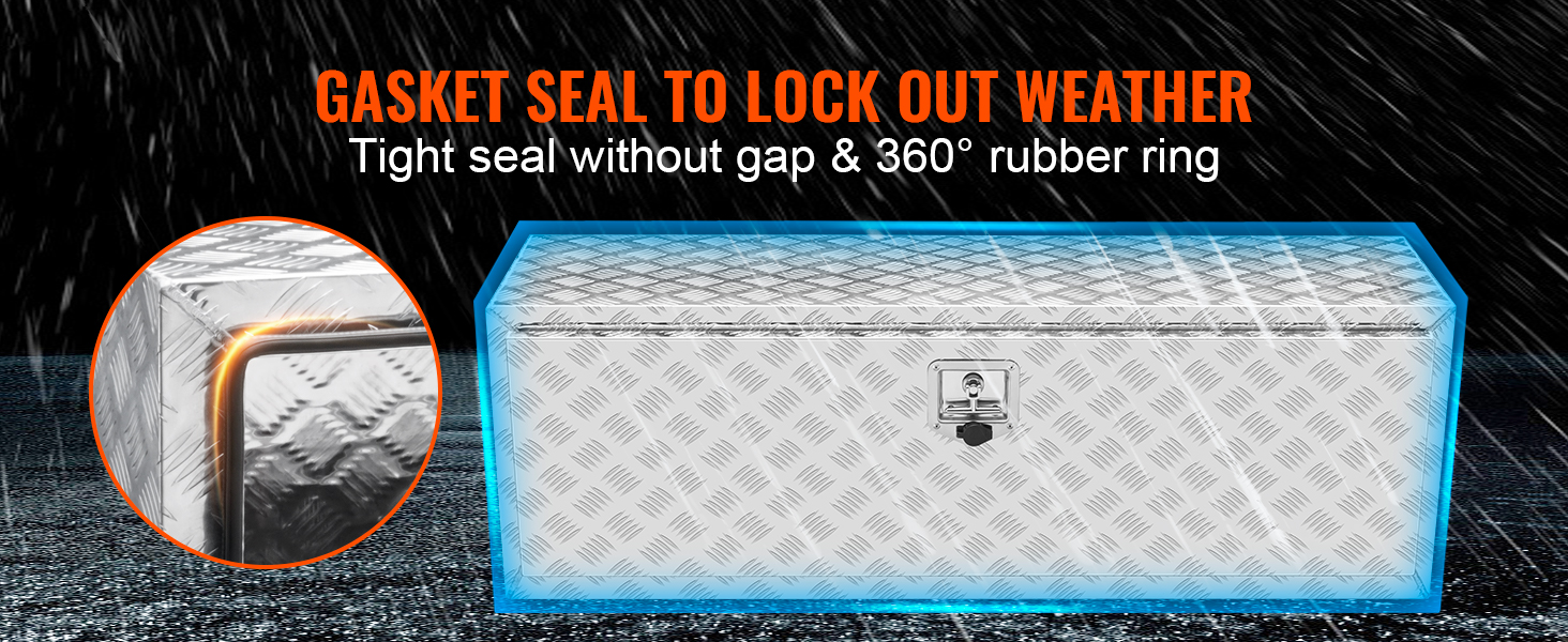 VEVOR truck tool box with gasket seal, tight gap, and 360° rubber ring to lock out weather.