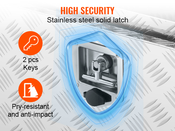 high security VEVOR truck tool box with stainless steel latch and 2 keys, pry-resistant and anti-impact.