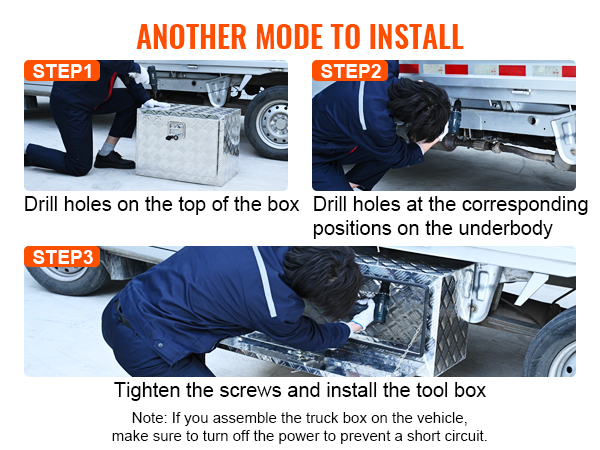 VEVOR truck tool box installation steps: drill holes on box, underbody, then tighten screws.