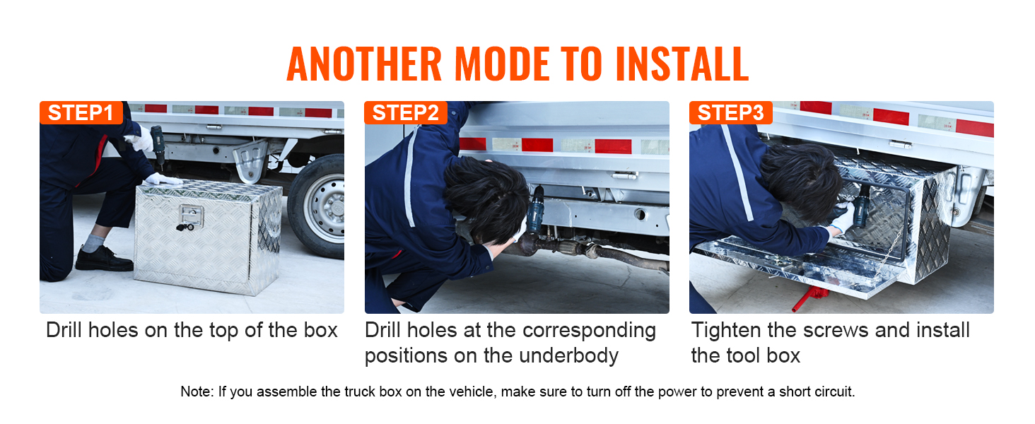VEVOR truck tool box installation steps: drill holes on box, underbody, then tighten screws.