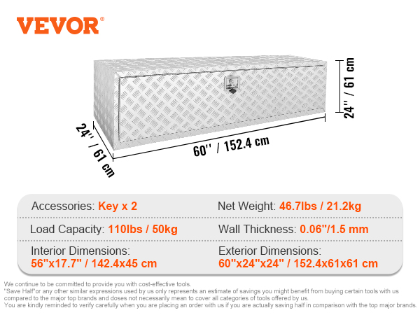 VEVOR underbody truck box, 60"x24"x24", 110 lbs load capacity, and specifications listed.