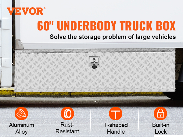 VEVOR underbody truck box, aluminum alloy, rust-resistant, with built-in lock and a t-shaped handle.