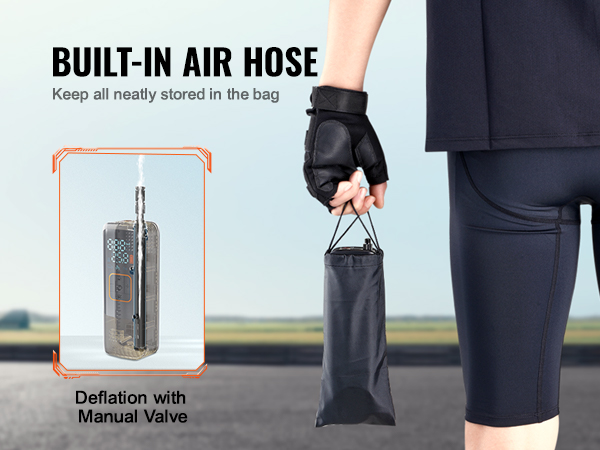 VEVOR portable tire inflator with built-in air hose, shown with gloved hand holding storage bag.