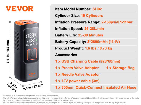 VEVOR tire inflator sh02, compact design, 2-160psi, 26-28l/min, 2600mah battery, 1.6 lbs, usb charging.