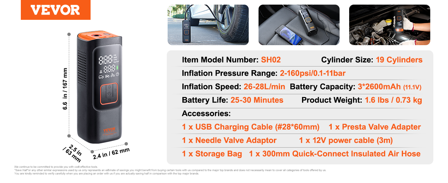 VEVOR tire inflator sh02, compact design, 2-160psi, 26-28l/min, 2600mah battery, 1.6 lbs, usb charging.