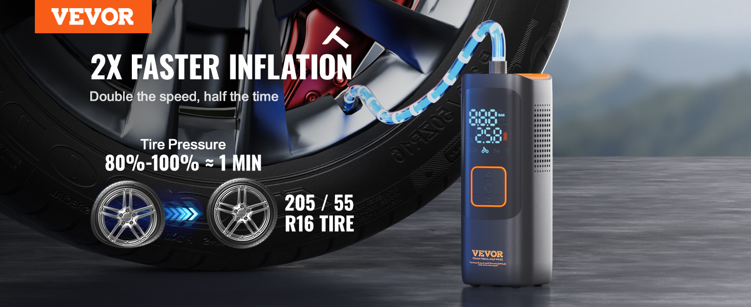 VEVOR tire inflator with 2x faster inflation for 205/55 r16, inflates from 80%-100% in 1 min.