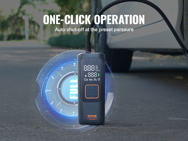 VEVOR tire inflator connected to a car tire, featuring real-time monitoring and one-click operation.