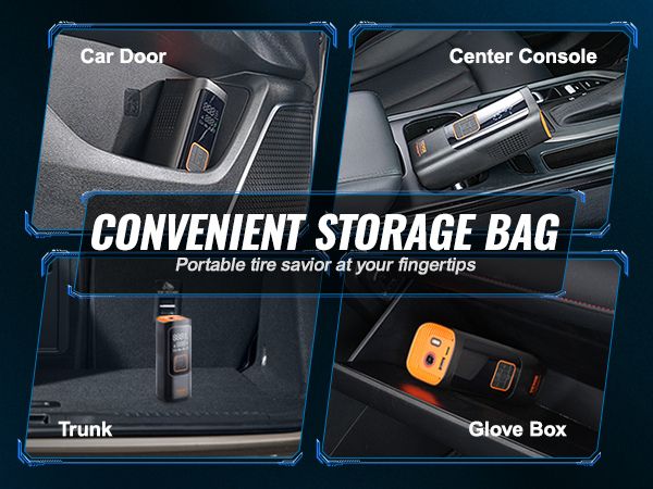 VEVOR tire inflator stored in car door, center console, trunk, and glove box, with storage bag.