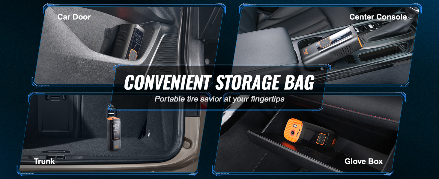 VEVOR tire inflator stored in car door, center console, trunk, and glove box, with storage bag.
