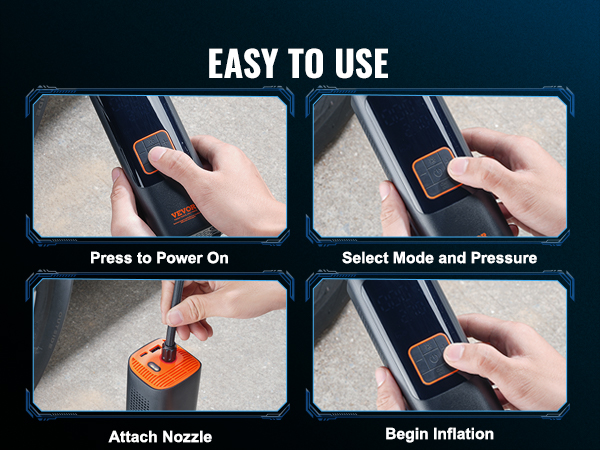 easy steps to use VEVOR tire inflator: power on, select mode, attach nozzle, begin inflation.