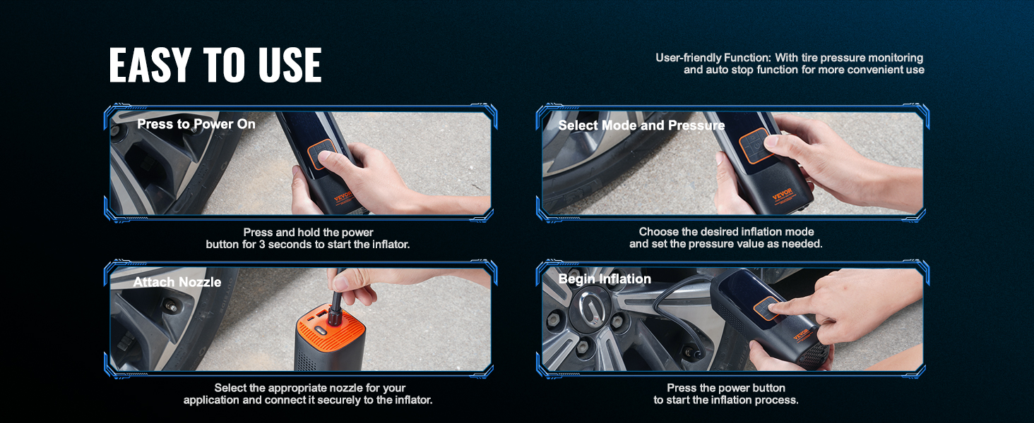 easy steps to use VEVOR tire inflator: power on, select mode, attach nozzle, begin inflation.