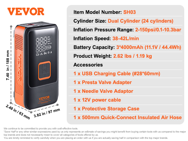 VEVOR portable tire inflator with digital display, usb charging, dual cylinder, and multiple accessories.