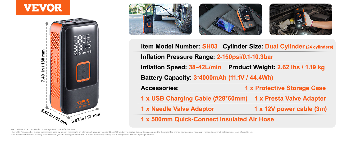 VEVOR portable tire inflator with digital display, usb charging, dual cylinder, and multiple accessories.