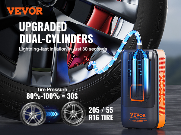 VEVOR portable tire inflator with upgraded dual-cylinders, inflates a 205/55 r16 tire in 30 seconds.