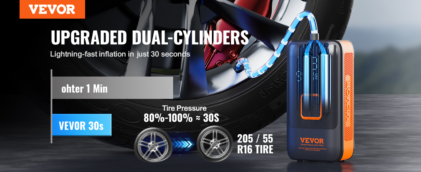 VEVOR portable tire inflator with upgraded dual-cylinders, inflates a 205/55 r16 tire in 30 seconds.