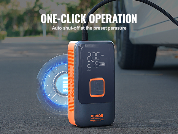 VEVOR portable tire inflator with one-click operation, auto shut-off, 4+n smart modes, and real-time monitoring.