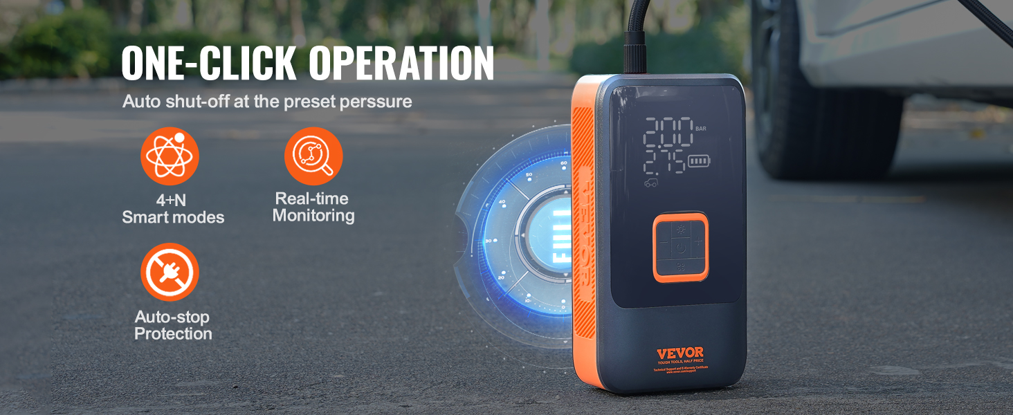VEVOR portable tire inflator with one-click operation, auto shut-off, 4+n smart modes, and real-time monitoring.