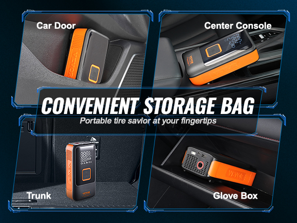 VEVOR portable tire inflator in car door, center console, trunk, and glove box for easy storage.