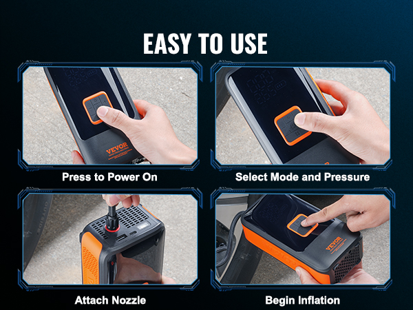 VEVOR portable tire inflator steps: press to power on, attach nozzle, select mode, begin inflation. easy to use.