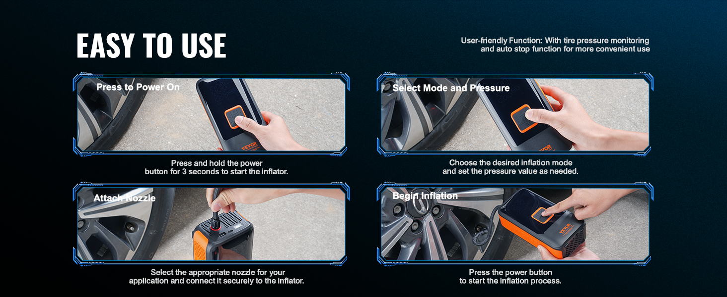 VEVOR portable tire inflator steps: press to power on, attach nozzle, select mode, begin inflation. easy to use.