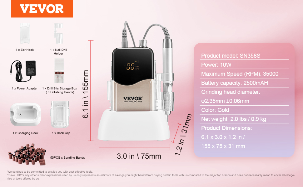 VEVOR electric cordless nail drill with 50 sanding bands, power adapter, and charging dock, gold.