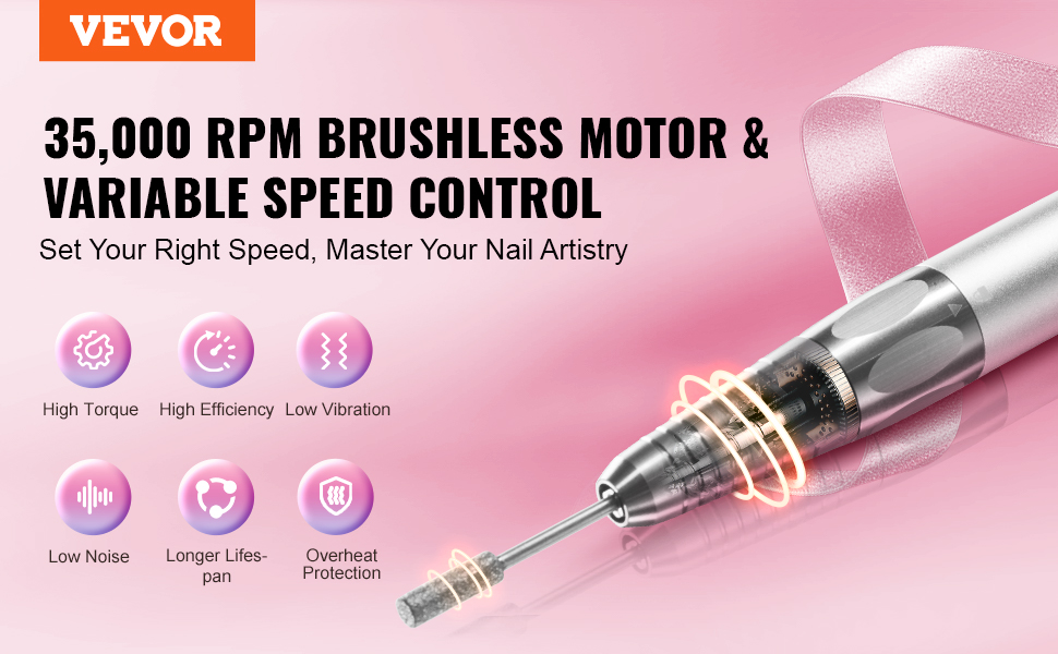 VEVOR electric cordless nail drill with brushless motor, variable speed, and features like high torque.