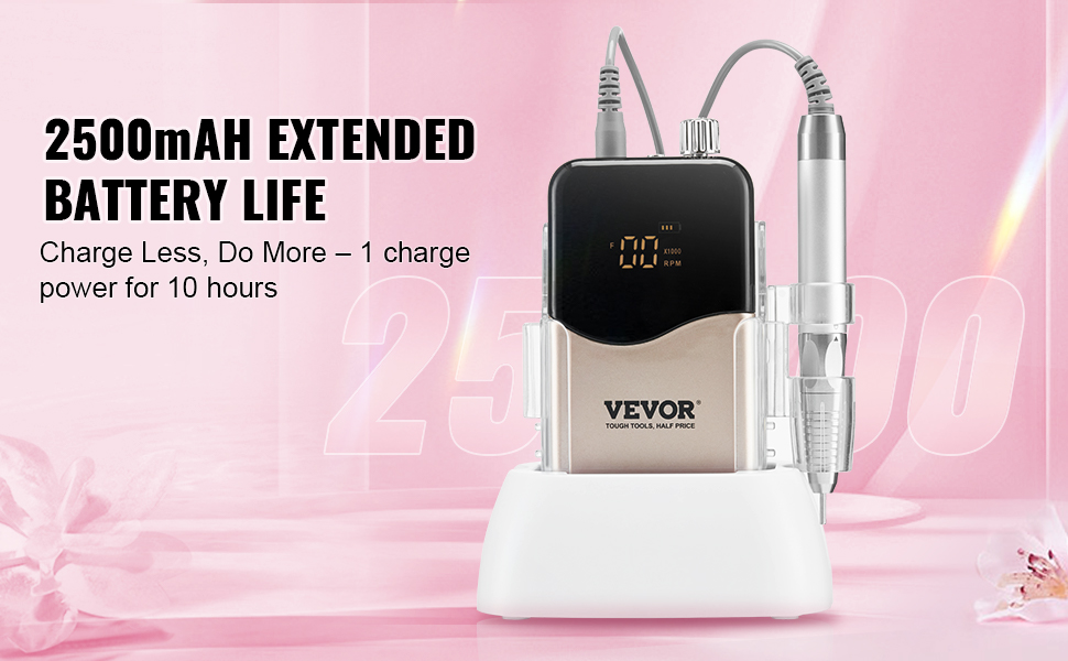 VEVOR electric cordless nail drill with 2500mah battery for 10 hours use, pink floral background.