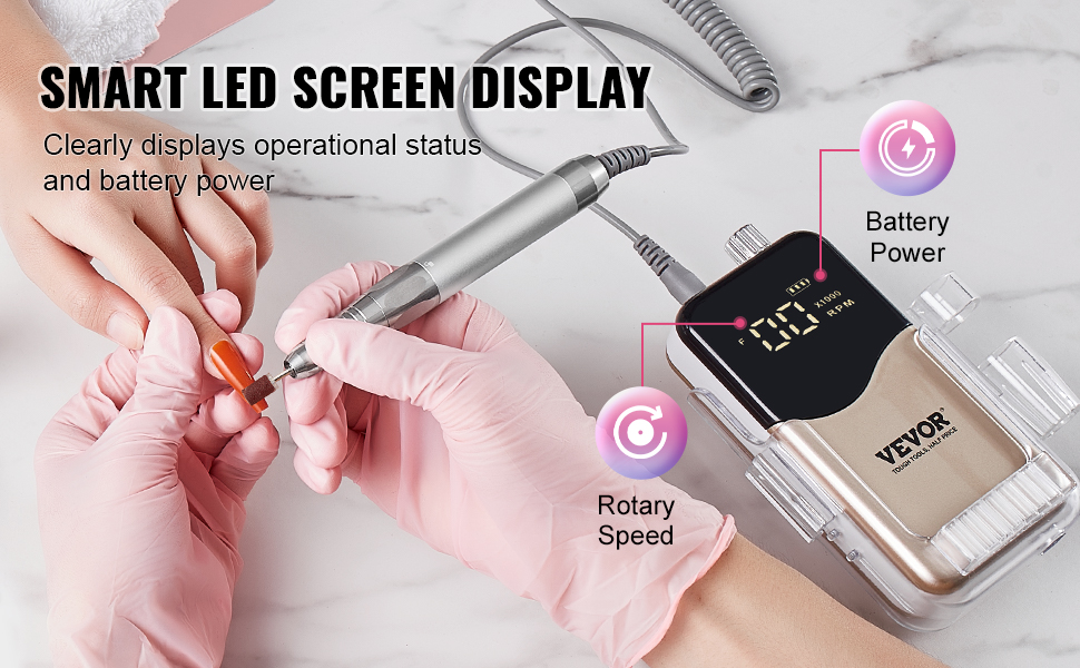 VEVOR electric cordless nail drill with smart led screen display for battery power and rotary speed.