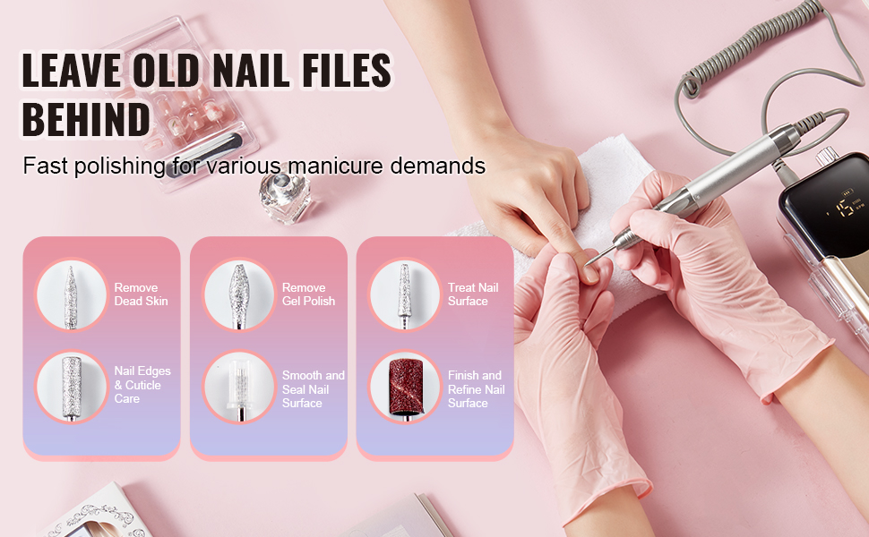 VEVOR electric cordless nail drill in use for various manicure tasks, including nail care and polishing.