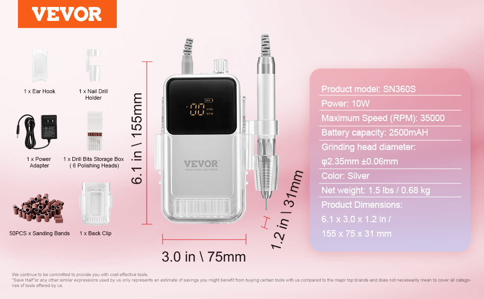 VEVOR cordless nail drill sn360s with accessories, 10w power, 35000 rpm, and 2500mah battery.