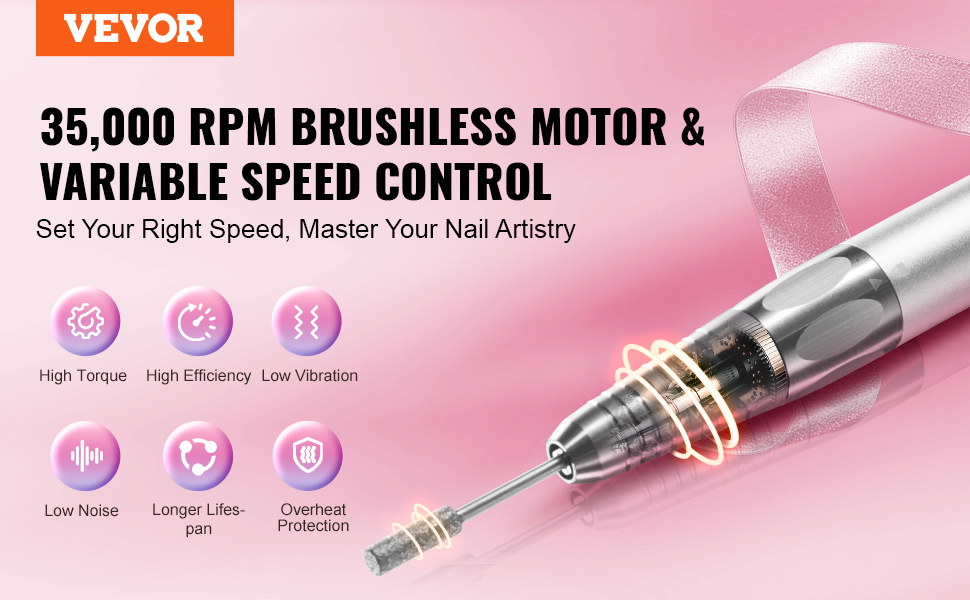 VEVOR cordless nail drill with 35,000 rpm brushless motor and variable speed control for nail artistry.