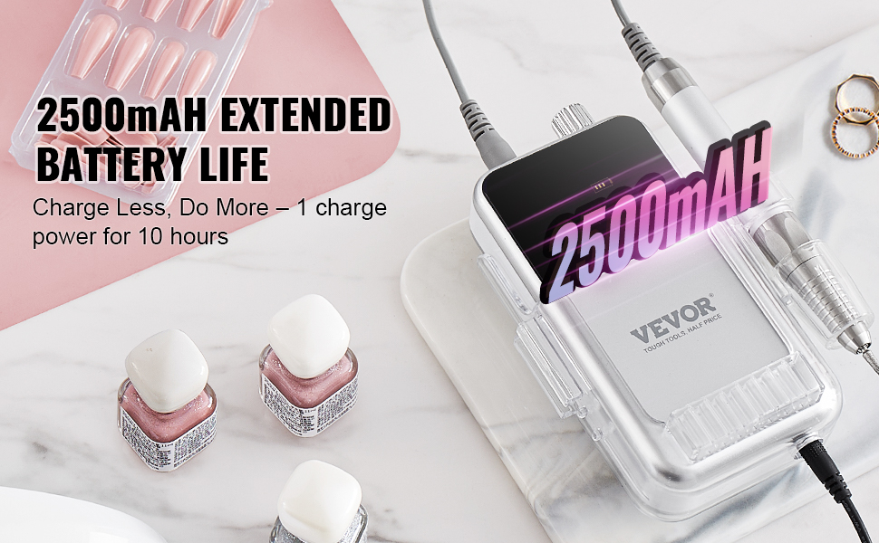 VEVOR cordless nail drill with 2500mah battery, pink nail polishes, and nail tips in the background.