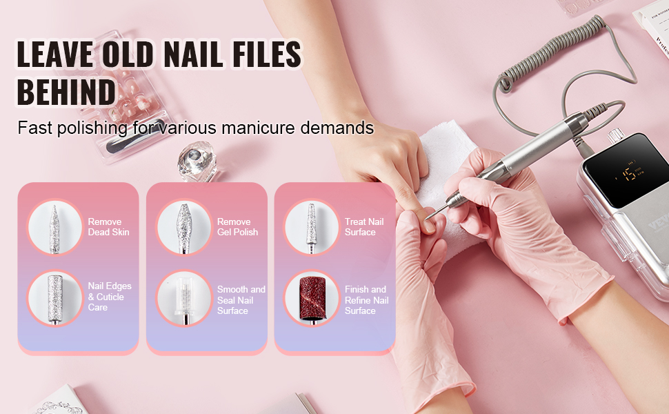 VEVOR cordless nail drill demonstration, showcasing fast polishing for various manicure needs.