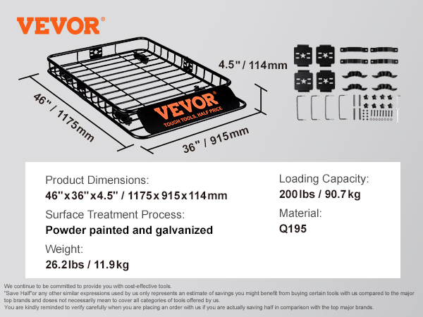 VEVOR roof rack: 46"x36"x4.5", 200lb capacity, q195, powder painted and galvanized, 26.2lbs.