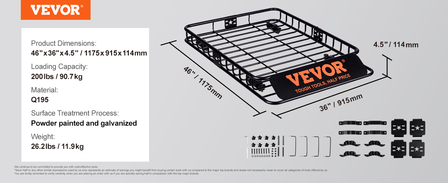 VEVOR roof rack: 46"x36"x4.5", 200lb capacity, q195, powder painted and galvanized, 26.2lbs.