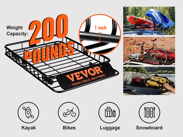 VEVOR jumta bagāžnieks ar 200 mārciņu celtspēju kajaku, velosipēdu, bagāžas un snovborda pārvadāšanai.