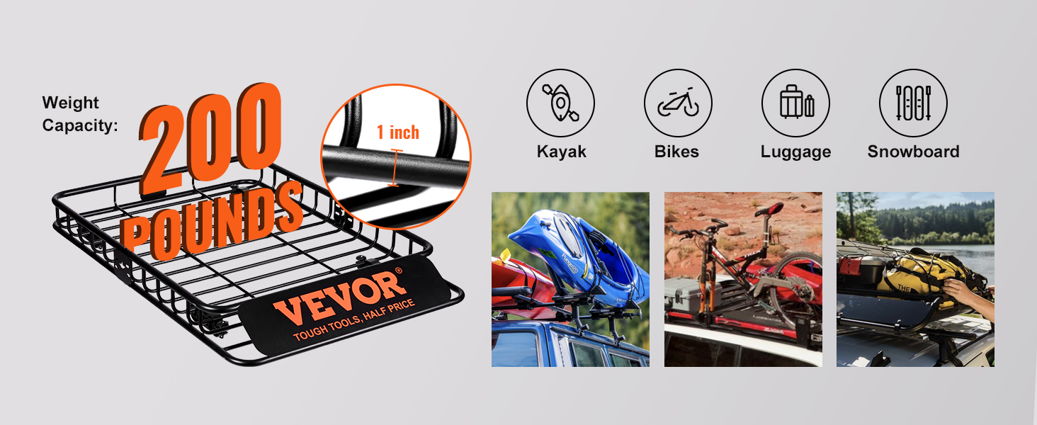 VEVOR jumta bagāžnieks ar 200 mārciņu celtspēju kajaku, velosipēdu, bagāžas un snovborda pārvadāšanai.