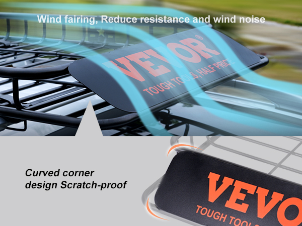 VEVOR jumta bagāžnieks ar vēja aptecējumu, izliektiem stūriem un skrāpējumizturīgiem materiāliem vēja trokšņa samazināšanai.