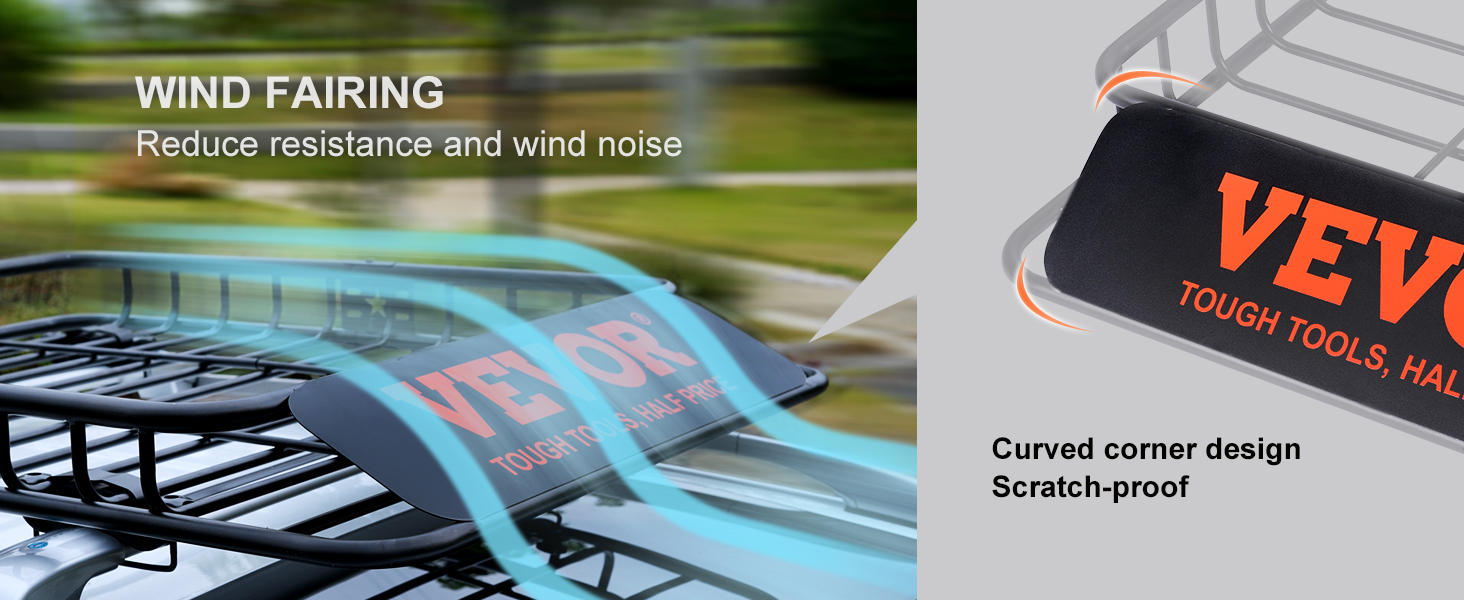 VEVOR jumta bagāžnieks ar vēja aptecējumu, izliektiem stūriem un skrāpējumizturīgiem materiāliem vēja trokšņa samazināšanai.