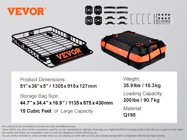 VEVOR roof rack with dimensions, storage bag size, and loading capacity details.