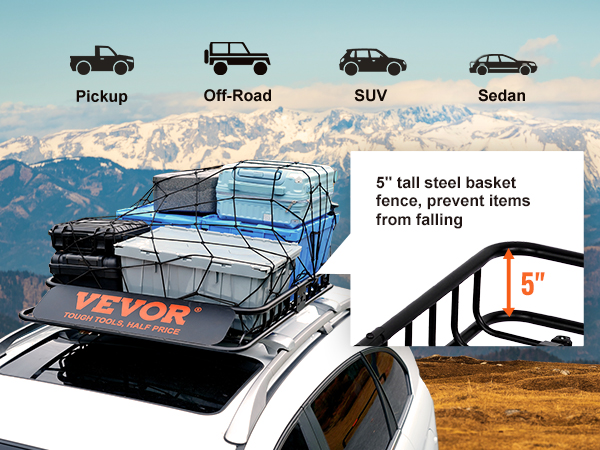 VEVOR roof rack loaded with storage boxes, secured by a net with a mountain background.