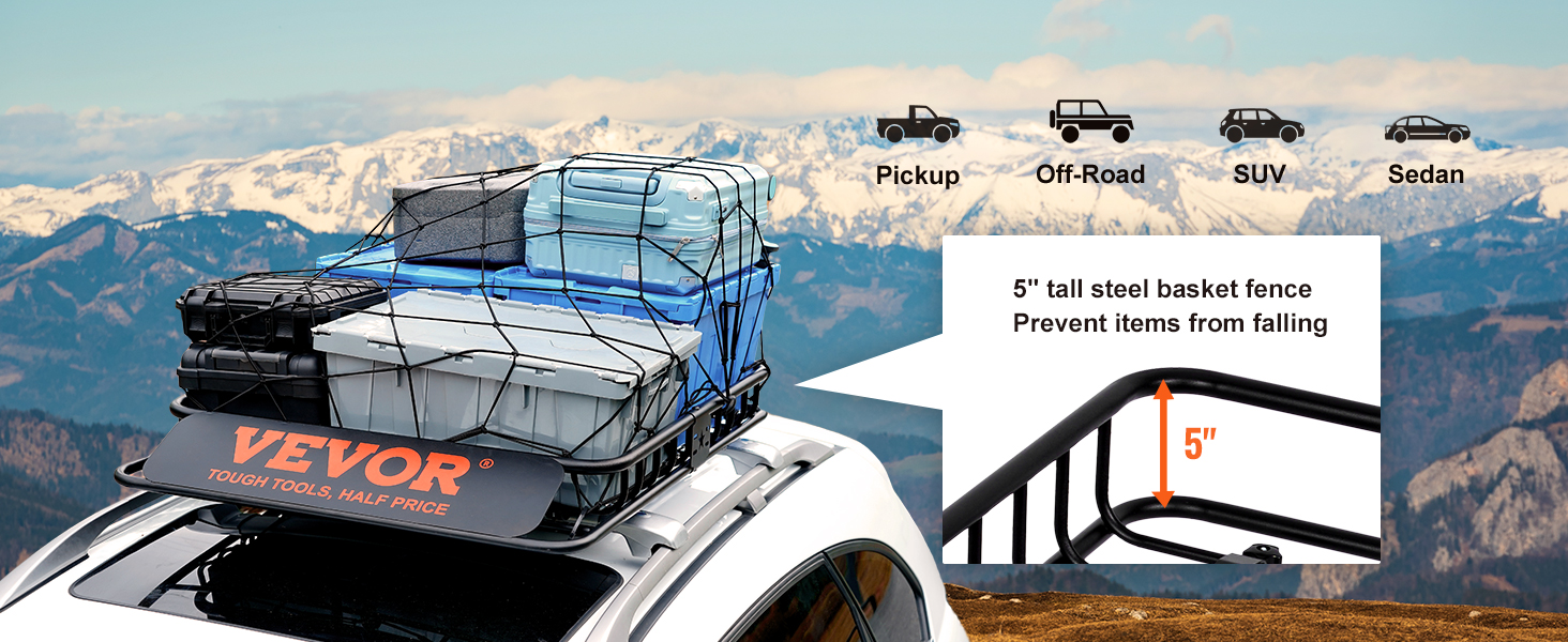 VEVOR roof rack loaded with storage boxes, secured by a net with a mountain background.
