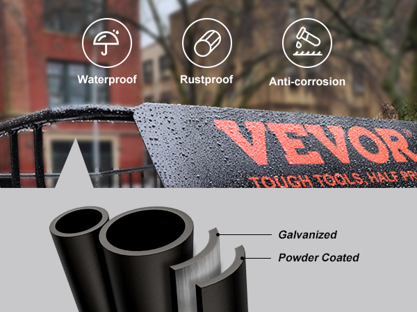 VEVOR roof rack showcasing a waterproof, rustproof, anti-corrosion design with powder coated and galvanized layers.