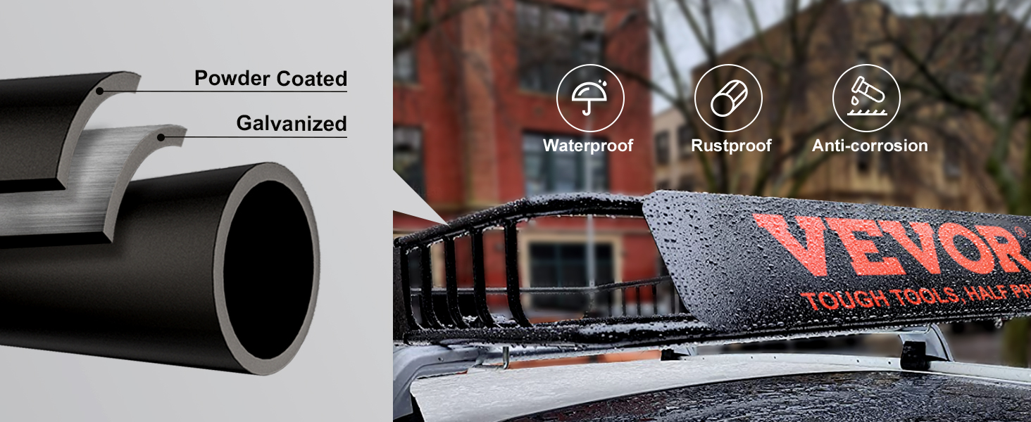 VEVOR roof rack showcasing a waterproof, rustproof, anti-corrosion design with powder coated and galvanized layers.