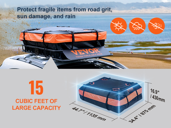 VEVOR roof rack with 15 cubic feet capacity, protecting items from road grit, sun damage, and rain.