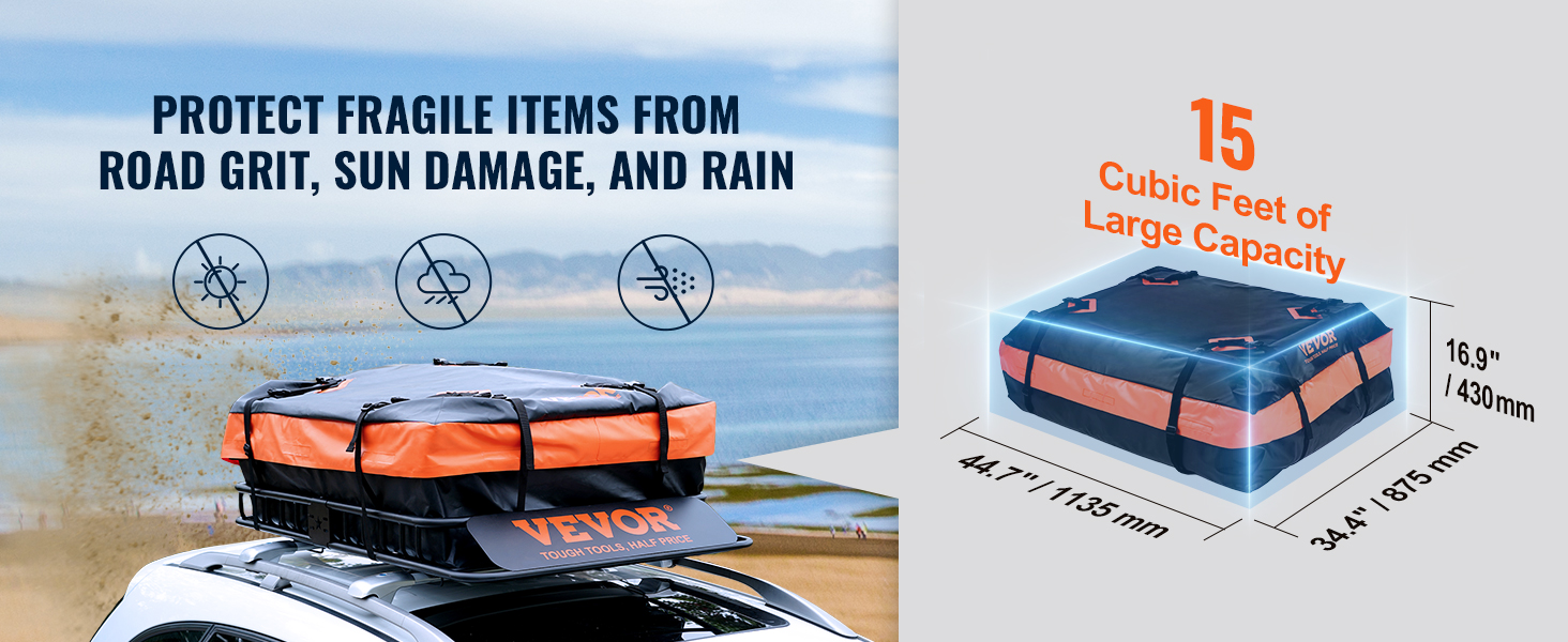 VEVOR roof rack with 15 cubic feet capacity, protecting items from road grit, sun damage, and rain.